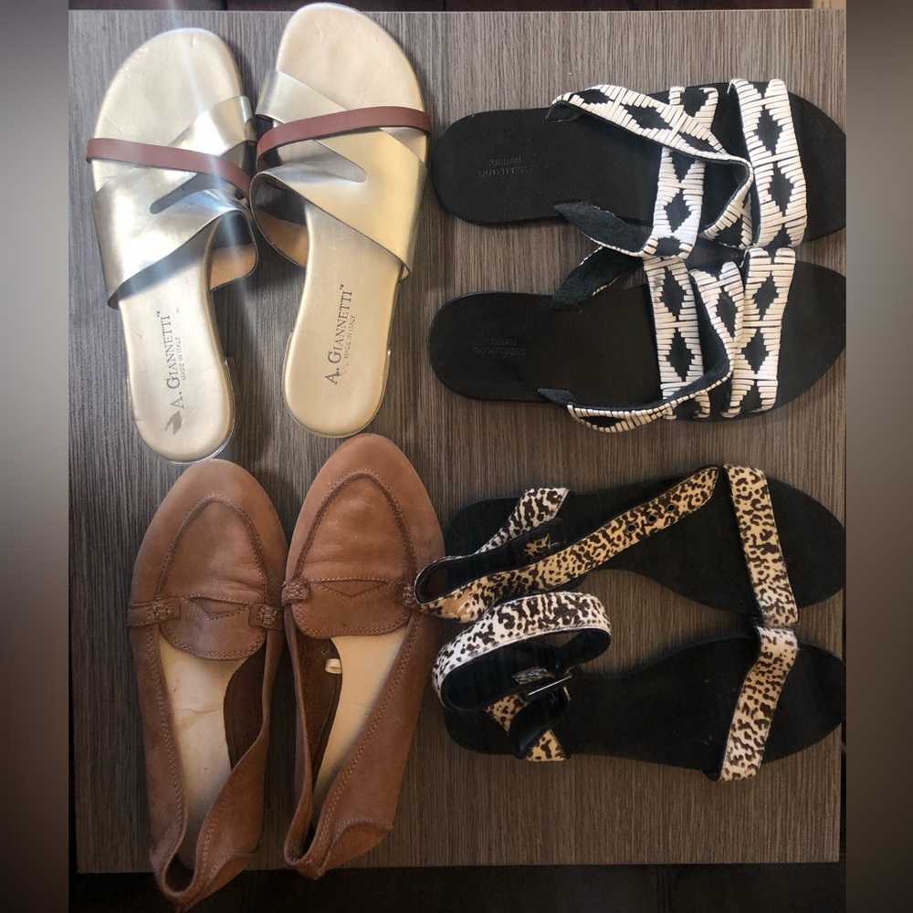 LOT OF 4 Sandals Loafer Moccasins Silver Leather Animal Print Aztec Suede Effect
